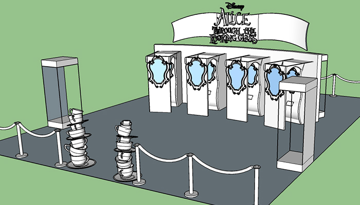 Early 3D render exploring the booth's Wonderland theming