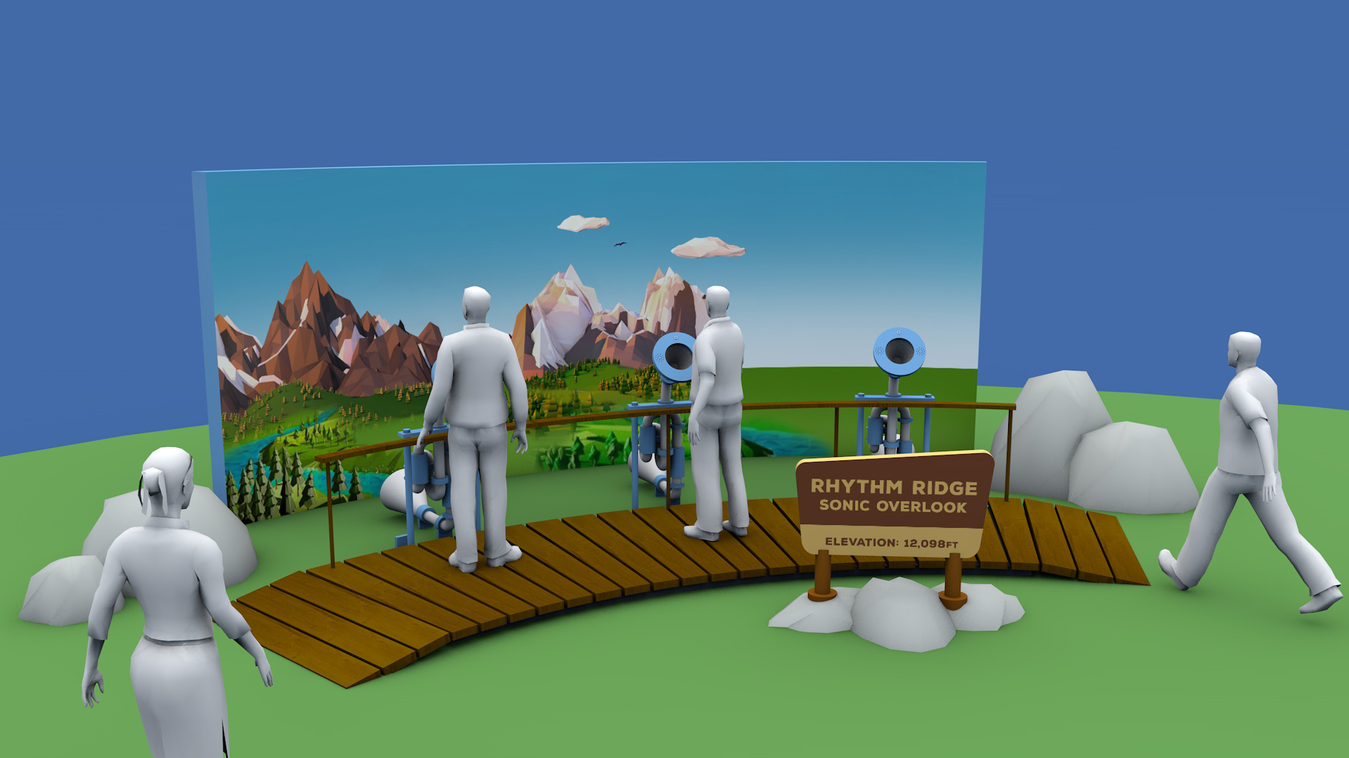 Early 3D pre-viz of the Sonic Overlook installation with placeholder crowd figures