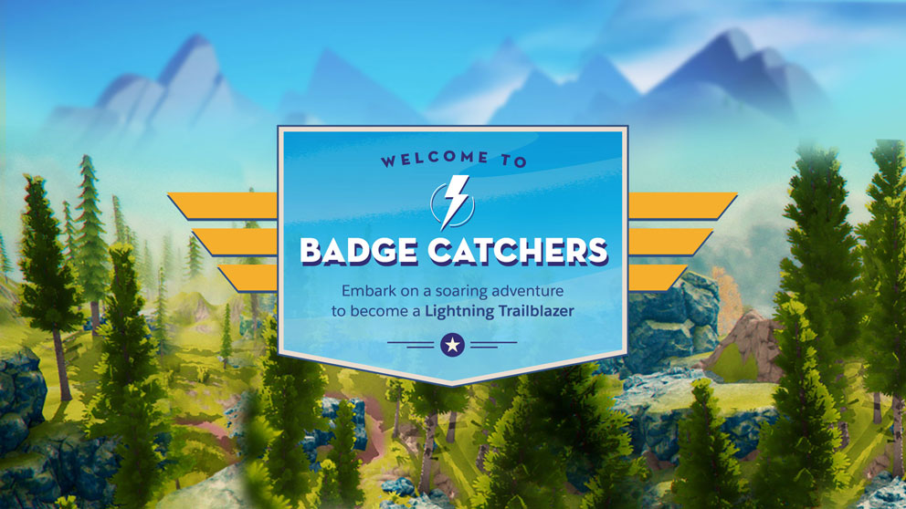 A guest wearing a jetpack rig collecting Lightning Badges in the interactive game