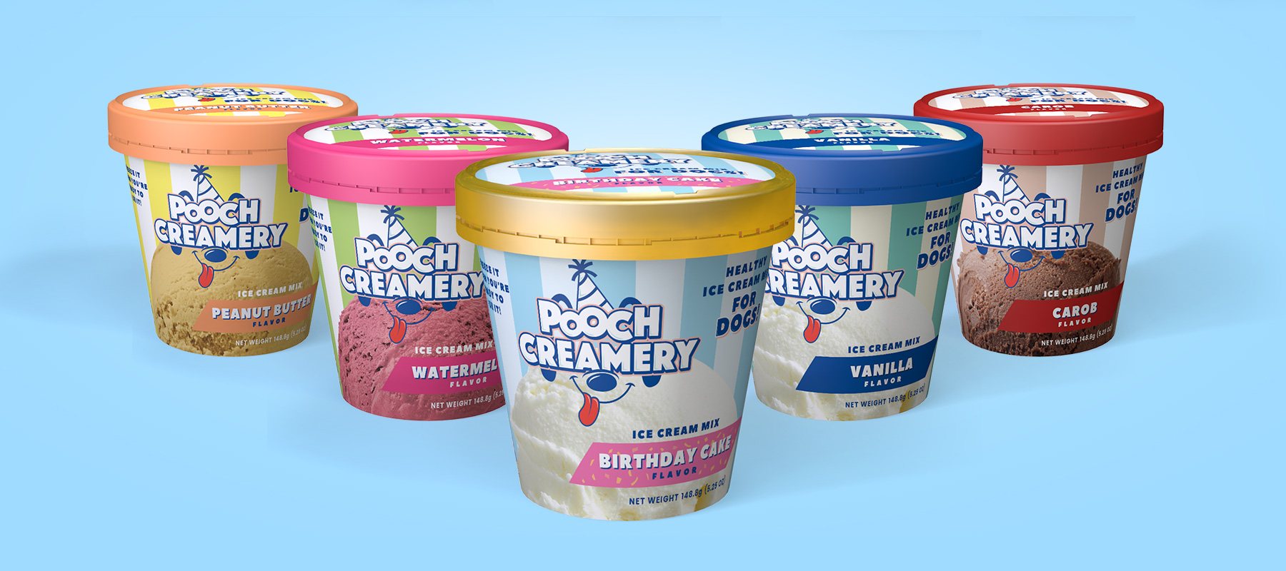 Full lineup of Pooch Creamery ice cream tub flavors