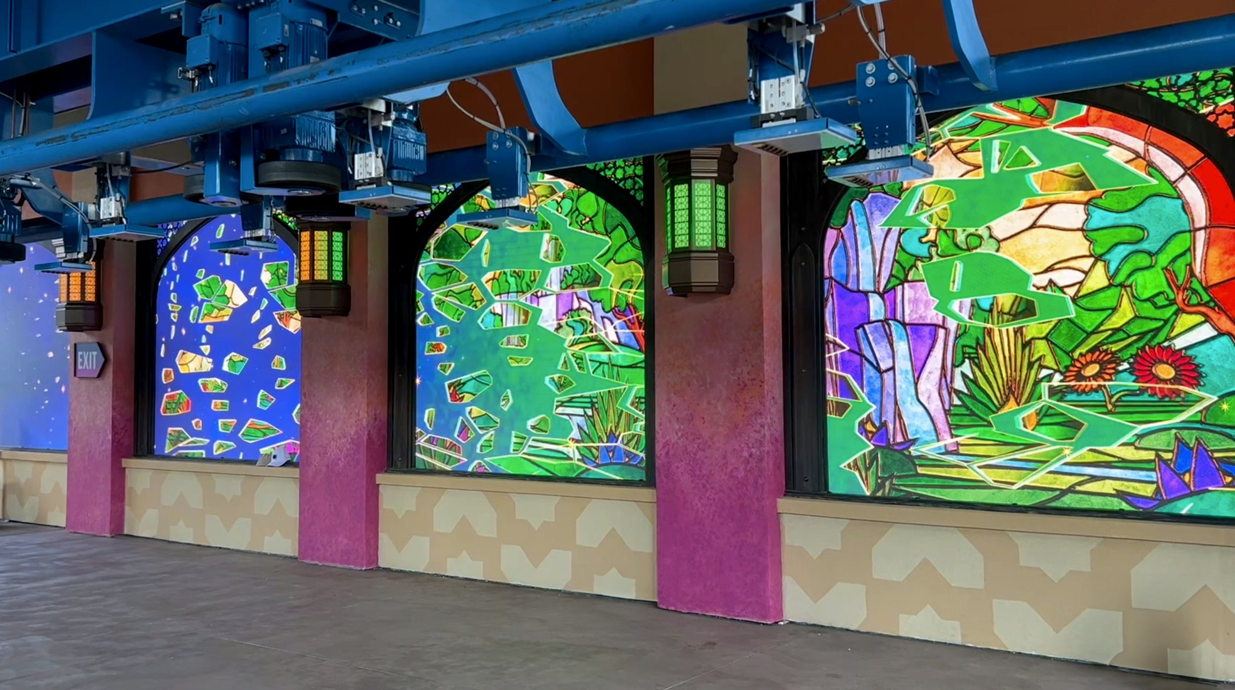 Stained glass style LED station windows at Phoenix Rising