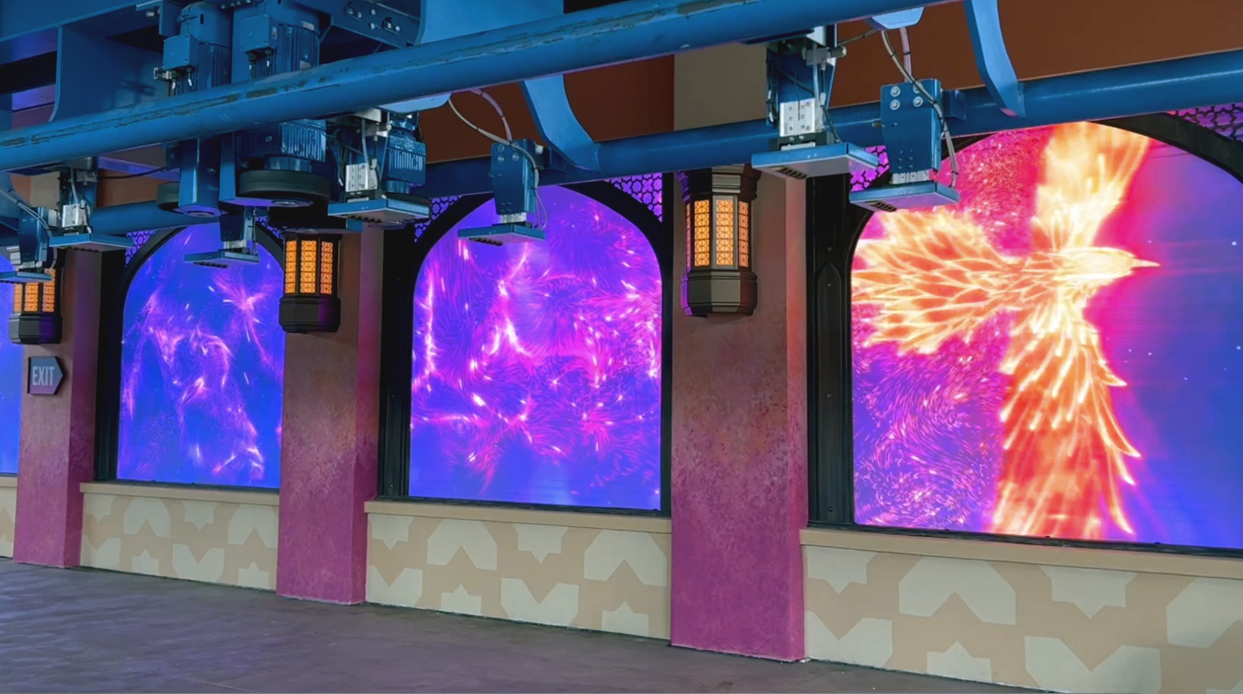 Fire phoenix forming across the station LED windows