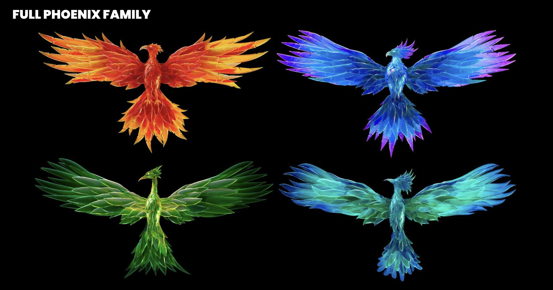 Full Phoenix family render, Fire, Ice, Jungle, and Sea