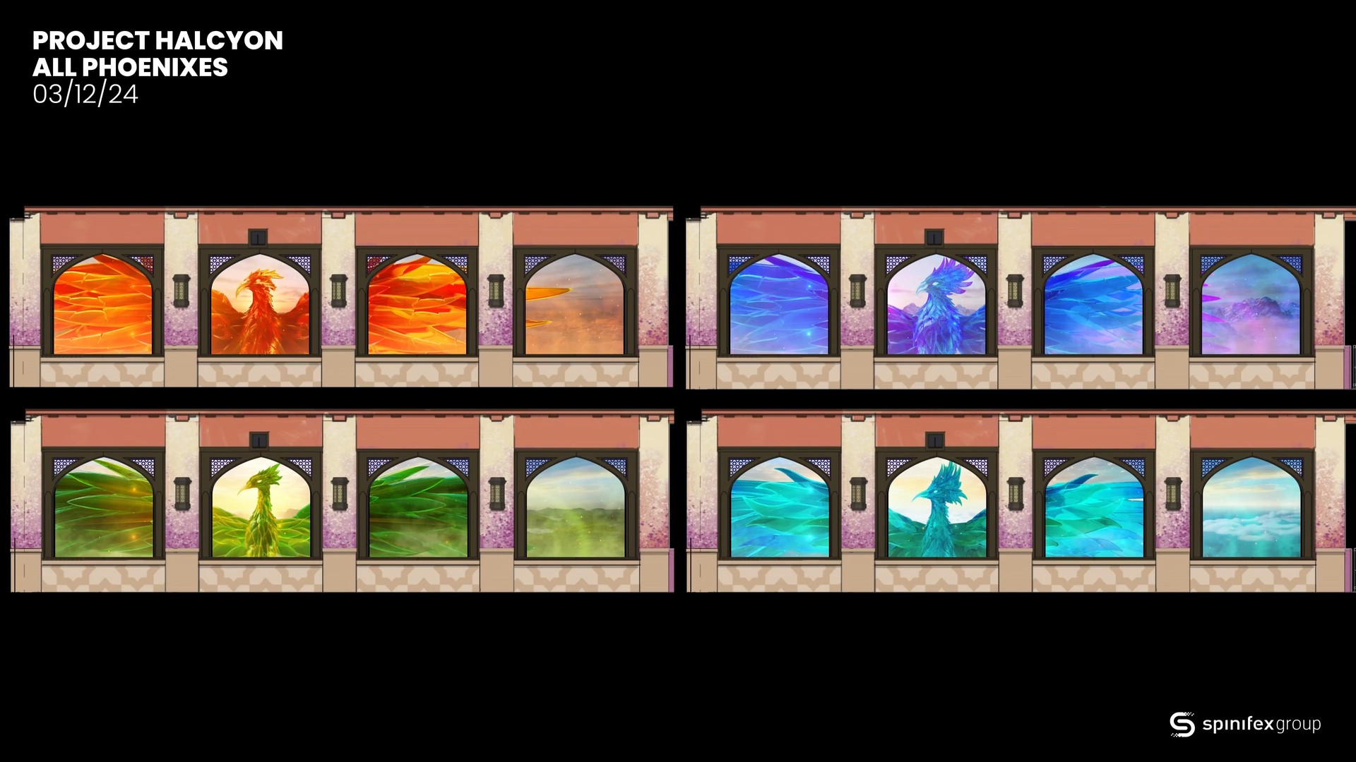 Video still of all eight stained-glass phoenix station windows, Project Halcyon all-phoenixes sequence